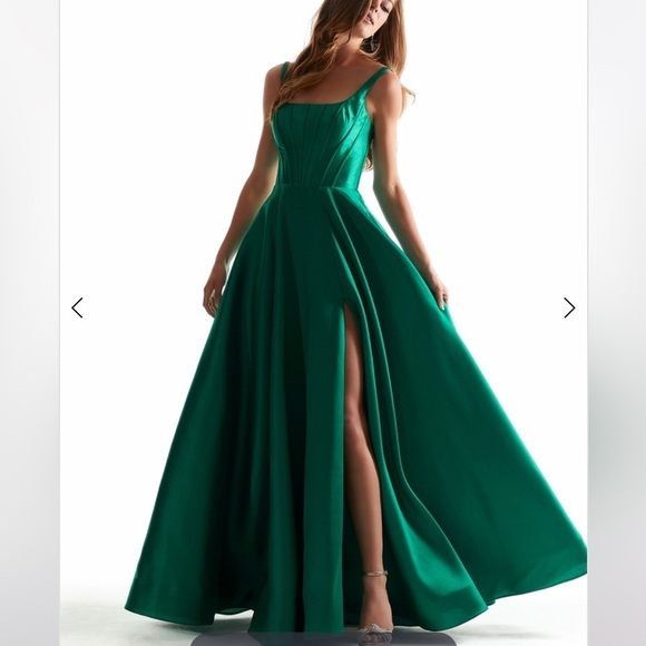 Mori Lee Matte Larissa Satin A-Line Dress in Emerald - Picture 1 of 16